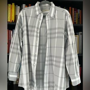 Men’s Burberry button down in gray and white plaid pattern